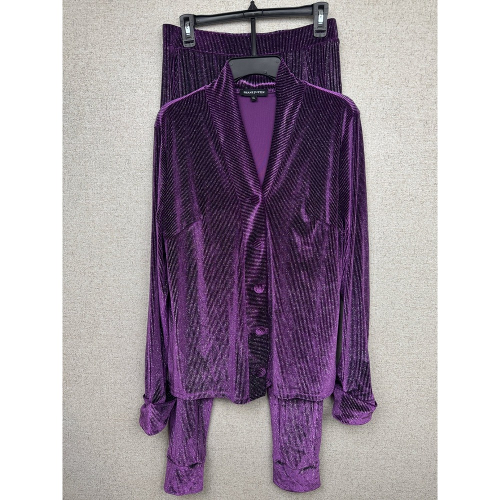 Shane Justin Purple Metallic Striped Velvet 2 Piece Shawl Collar Top Pants XL